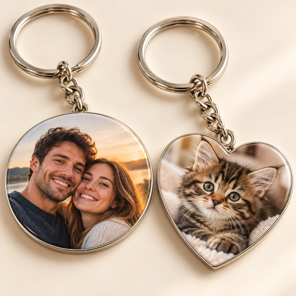 Foto-Schlüsselanhänger mit Paar- und Katzenmotiv